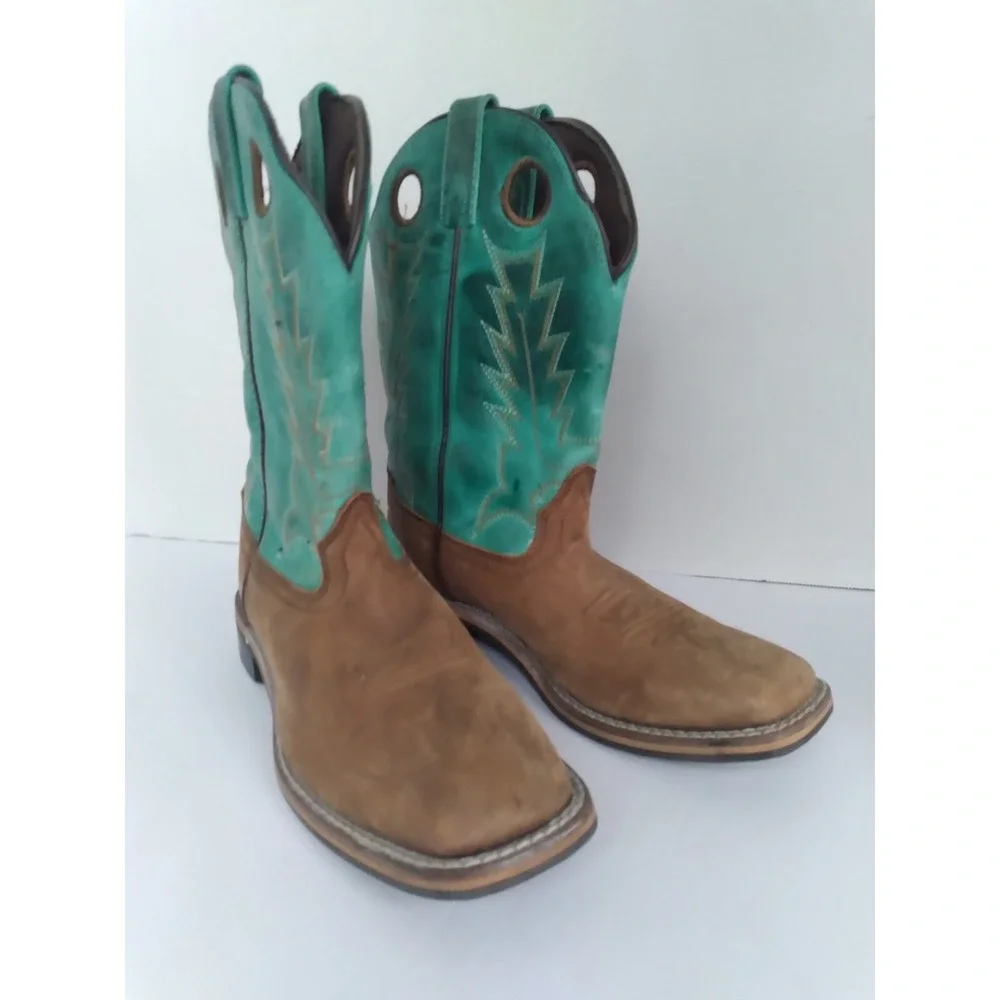 Cowboy Western Boots Square Toe Turquoise Brown‎ Leather Work Boots